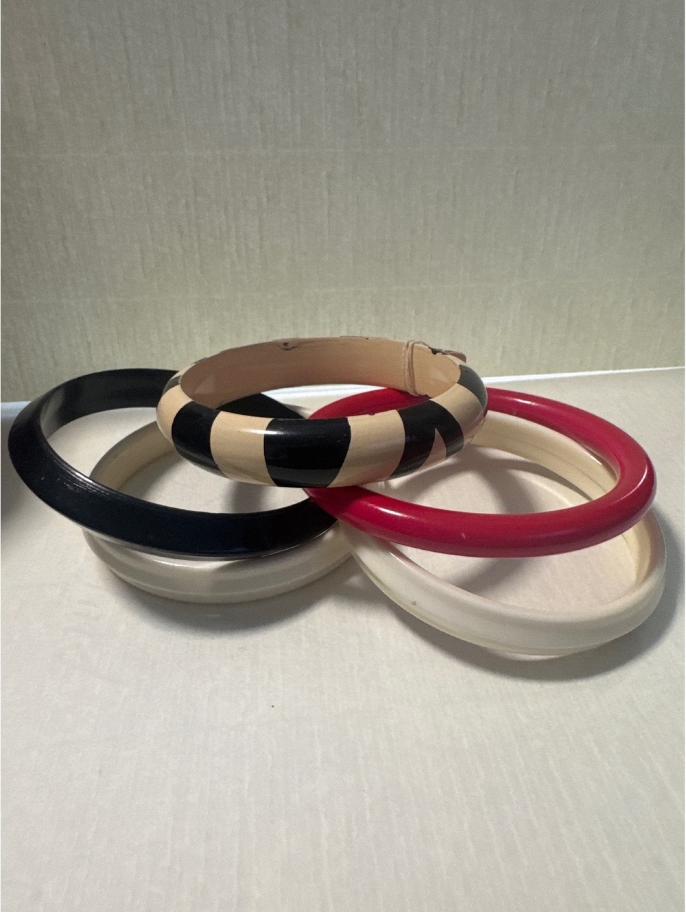 5 Vintage 1980s Multicolor Wood Plastic Bangle Bracelet Set 80s Statement Stack